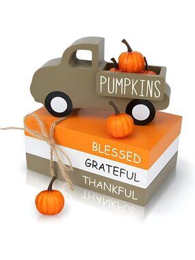 Fall Table Decor, Farmhouse Wooden Fall Signs with Book Stack, 3D Truck
